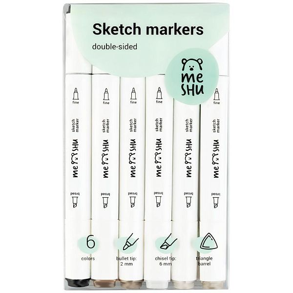 Набор двусторонних маркеров для скетчинга MESHU 06цв., теплые серые цвета, корпус трехгранный, пулевид./клиновид.наконечники, ПВХ-бокс