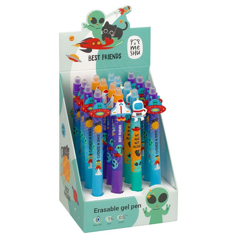 Ручка гелевая стираемая автоматическая MESHU "Space adventure" синяя, 0,5мм, корпус ассорти, с топпером 