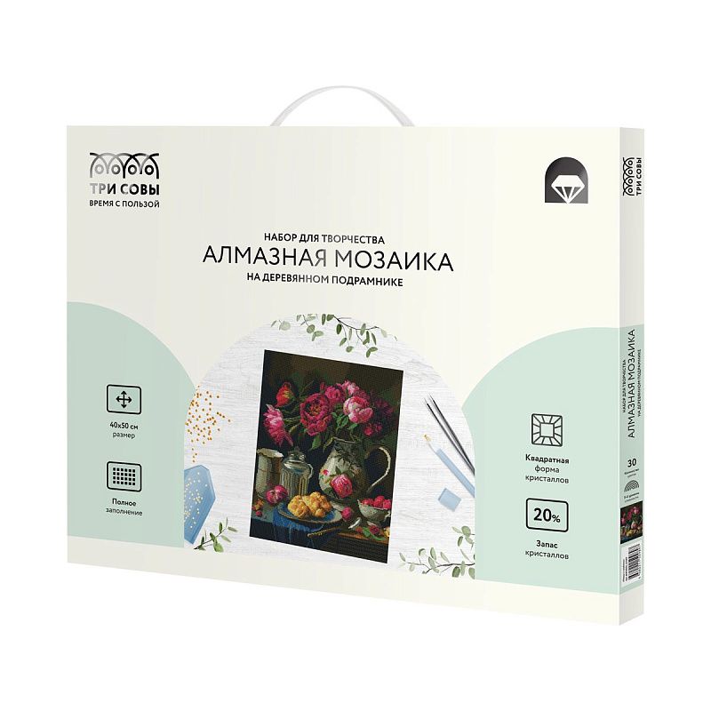 Алмазная мозаика ТРИ СОВЫ "Пионы и клубника", 40*50см, холст на деревянном подрамнике, картонная коробка с пластиковой ручкой