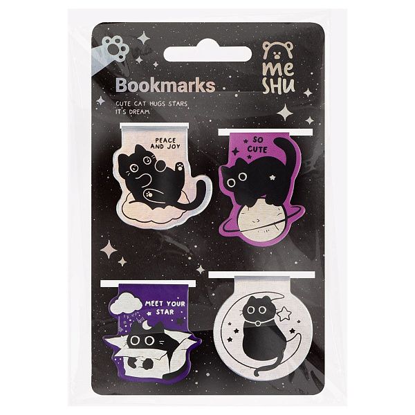 Закладки магнитные для книг, 4шт., MESHU "Meow Space", голографическая фольга