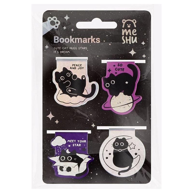 Закладки магнитные для книг, 4шт., MESHU "Meow Space", голографическая фольга