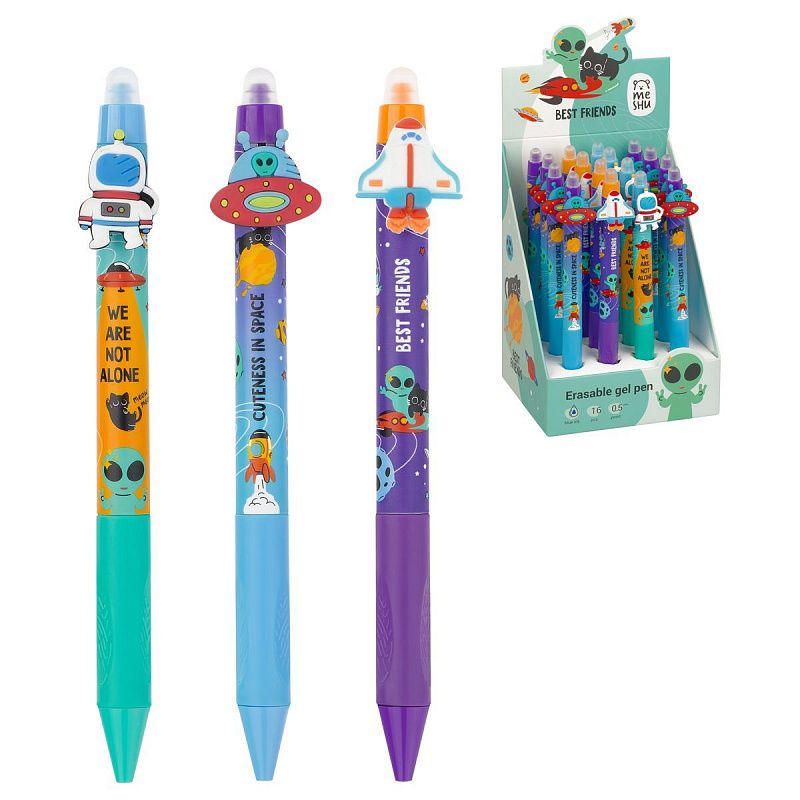 Ручка гелевая стираемая автоматическая MESHU "Space adventure" синяя, 0,5мм, корпус ассорти, с топпером