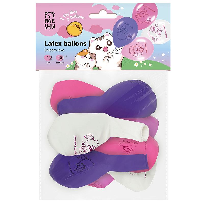 Воздушные шары, 12шт., М12/30см, MESHU "Unicorn love", пастель, ассорти