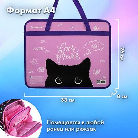 Папка на молнии с ручками BRAUBERG А4, 1 отделение, пластик, 80 мм, "Black Cat", 270122 