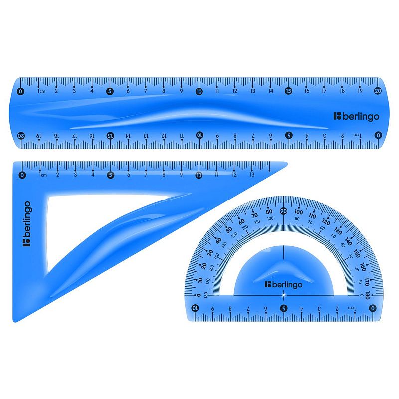 Набор чертежный средний Berlingo "Flexy" (треуг. 14см, линейка 20см, транспортир) гибкий, ассорти, европодвес 