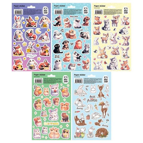Наклейки бумажные MESHU "Cute animals", 12*21см, ассорти 10шт., европодвес
