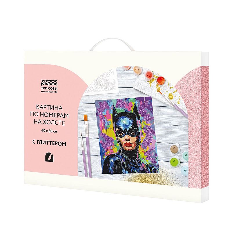 Картина по номерам на холсте с глиттером ТРИ СОВЫ "Женщина-кошка", 40*50, с акриловыми красками и кистями