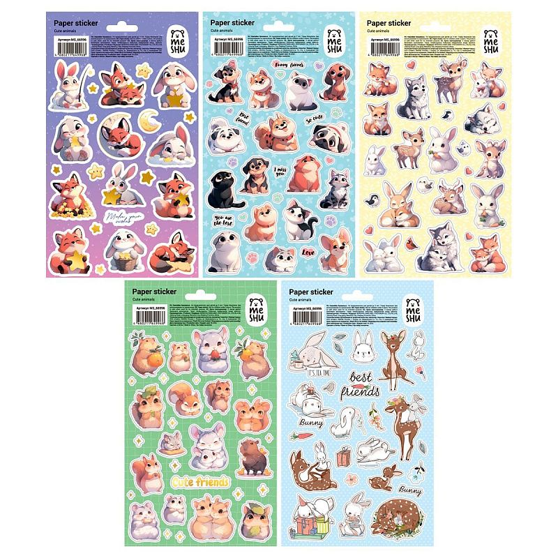 Наклейки бумажные MESHU "Cute animals", 12*21см, ассорти 10шт., европодвес