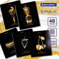 Тетрадь А5, 48 л., BRAUBERG, скоба, клетка, матовая ламинация, фольга, "Black&Gold", 404370