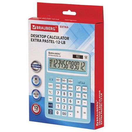 Калькулятор настольный BRAUBERG EXTRA PASTEL-12-LB (206x155 мм), 12 разрядов, двойное питание, ГОЛУБОЙ, 250486