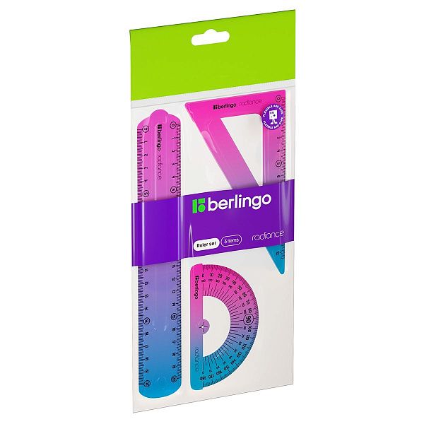 Набор чертежный средний Berlingo "Radiance" (треуг. 14см, линейка 20см, транспортир) гибкий, розовый/голубой градиент