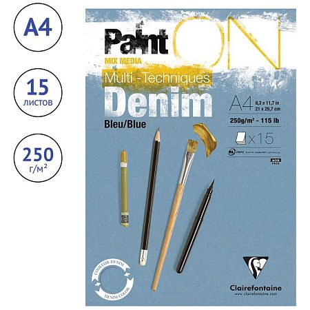 Скетчбук - альбом для смешанных техник 15л., А4 Clairefontaine "Paint ON Denim Blue", на склейке, джинсовый, 250г/м2
