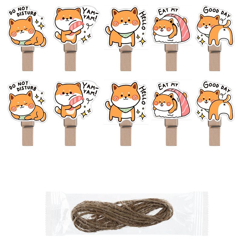 Зажимы для бумаг 7мм, MESHU "Funny dogs", 10шт.,  деревянные, ассорти, опп пакет с европодвесом, веревка в комплекте