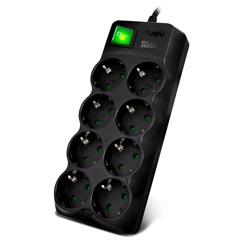 Сетевой фильтр Sven SF-08E-16, 8 розеток с защитными шторками 3м, черный