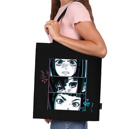 Сумка-шоппер BRAUBERG PREMIUM, канвас, 40х35 см, на кнопке, карман, черный, "Anime face", 271903 