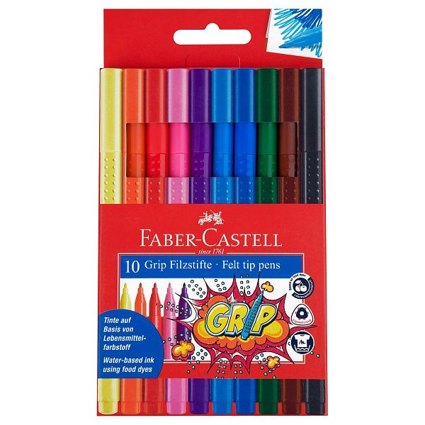 Фломастеры Faber-Castell "Grip", 10цв., трехгранные, смываемые, пластик. уп., европодвес
