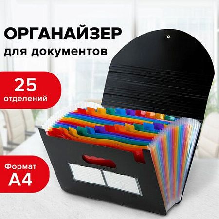 Папка-органайзер для бумаг и документов на резинке, 25 отделений, BRAUBERG DOCS, А4, черная, 271151 