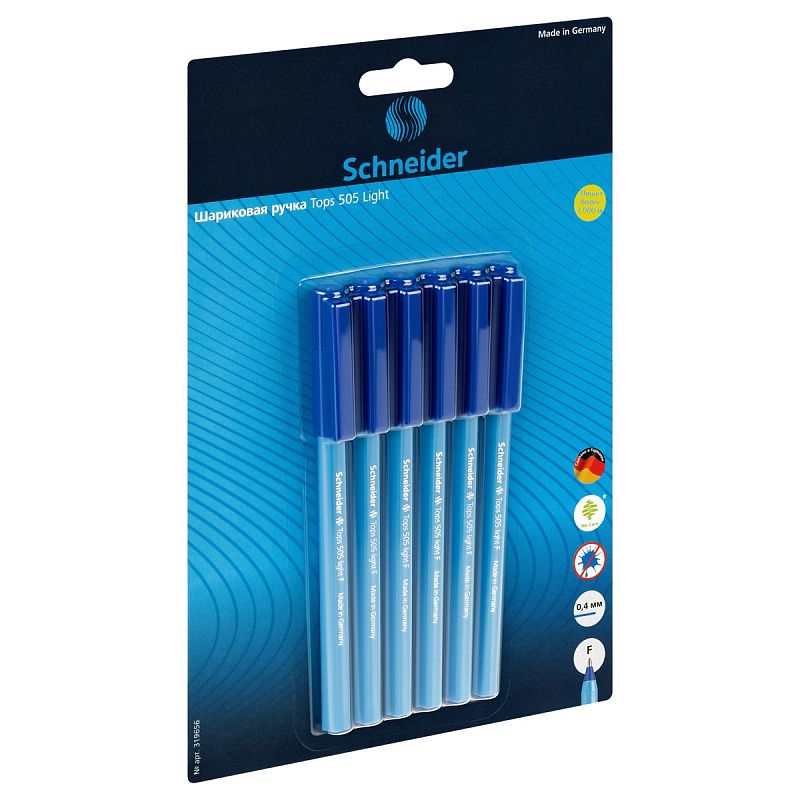 Набор шариковых ручек Schneider Tops 505 F Light 6шт., синие, 0,8мм, блистер 