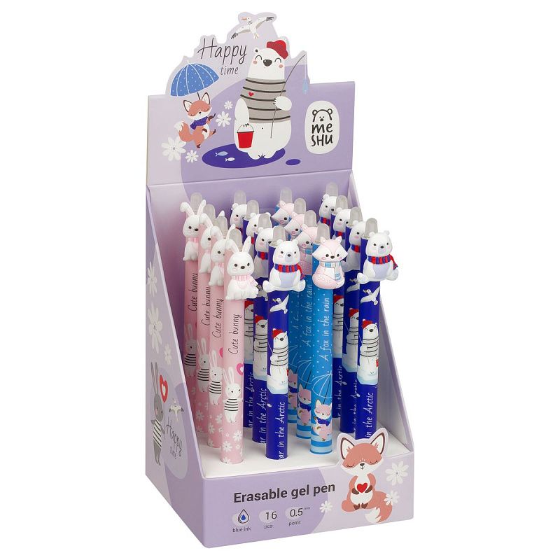 Ручка гелевая стираемая автоматическая MESHU "Funny friends" синяя, 0,5мм, корпус ассорти, с топпером 