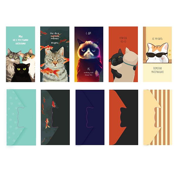 Конверт для денег MESHU "Кошачье настроение", 85*164мм, глянц. ламинация, 5 дизайнов