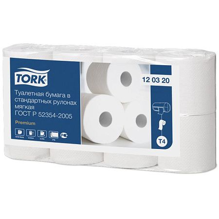 Бумага туалетная Tork "Premium"(T4) 2-слойная, стандарт. рулон, 23м/рул., 8шт., мягкая, тиснение, белая 