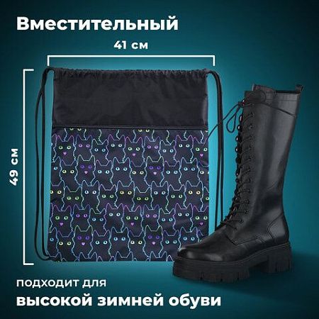 Мешок для обуви BRAUBERG БОЛЬШОЙ, с ручкой, карман на молнии, сетка, 49х41 см, "Cats", 271059 