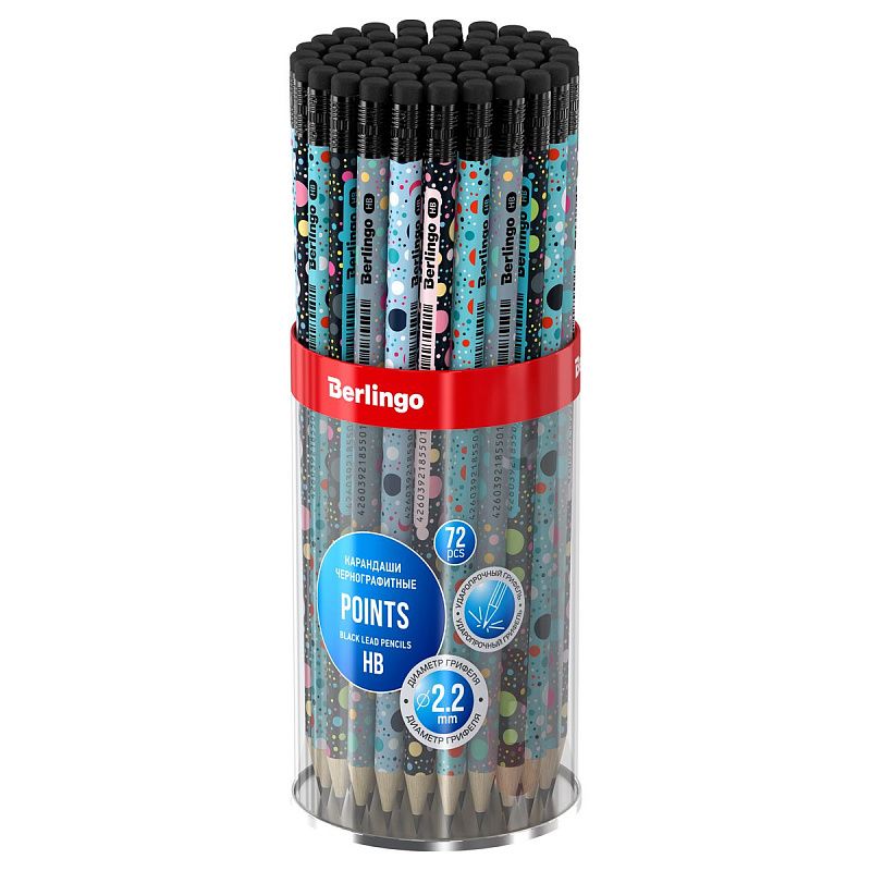 Карандаш ч/г Berlingo "Points" HB, круглый, заточен., с ластиком, ассорти 