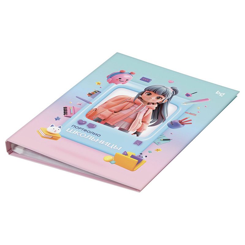 Папка-портфолио 7БЦ А4 BG, на 4 кольцах для школьницы, 20 файлов, 10 вкладышей 