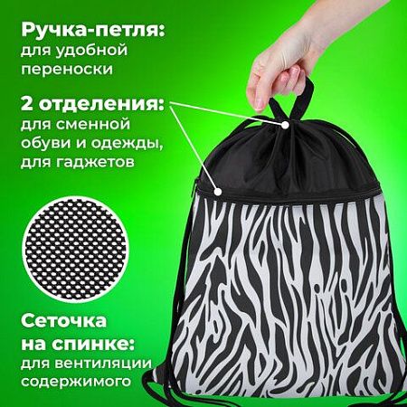 Мешок для обуви BRAUBERG БОЛЬШОЙ, с ручкой, карман на молнии, сетка, 49х41 см, "Zebra", 271611 