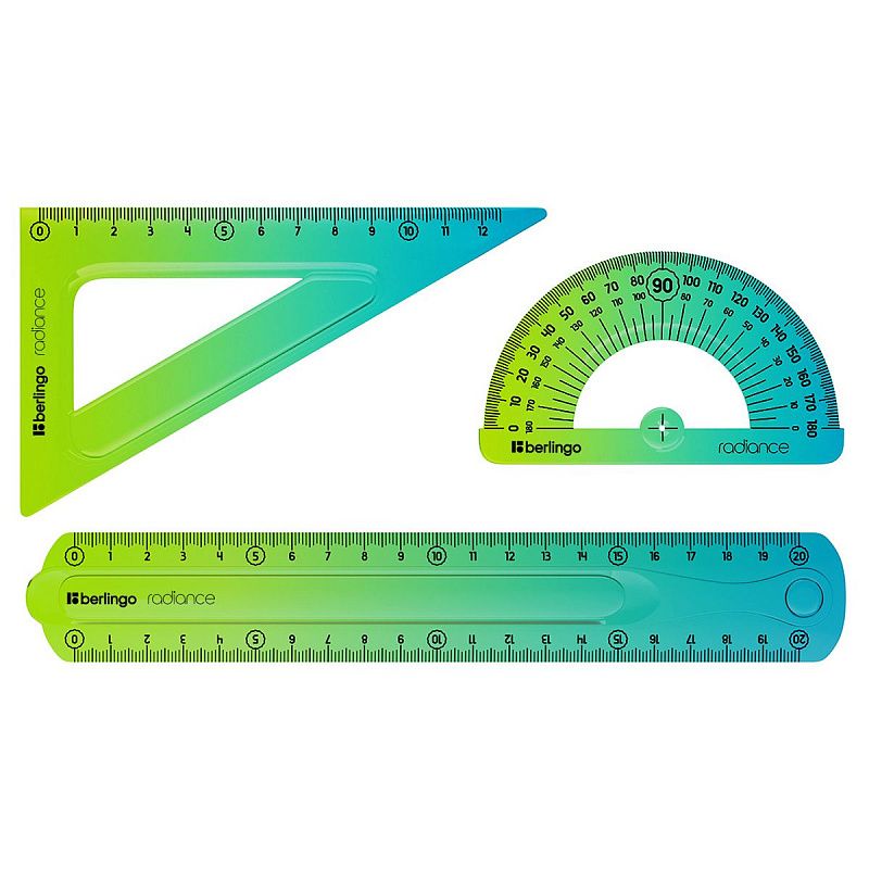 Набор чертежный средний Berlingo "Radiance" (треуг. 14см, линейка 20см, транспортир) гибкий, голубой/зеленый градиент 