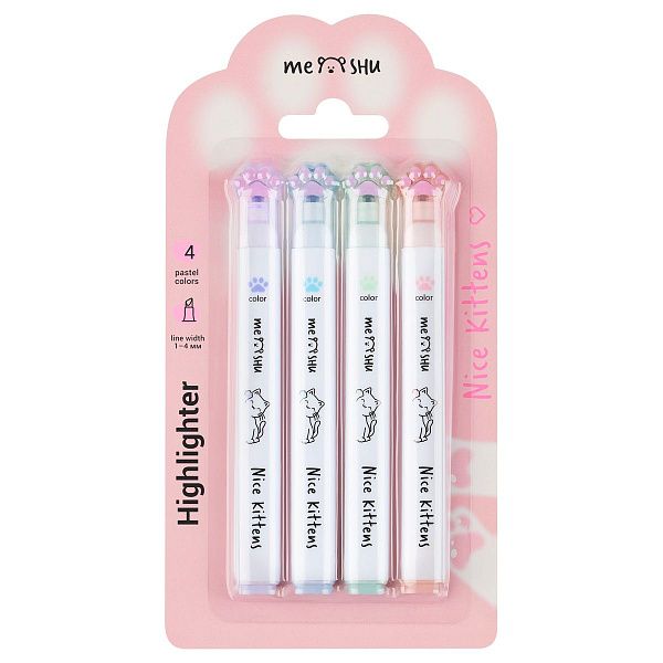 Набор текстовыделителей MESHU "Nice Kittens", 04цв., пастельные цвета, 1-4мм, блистер с европодвесом