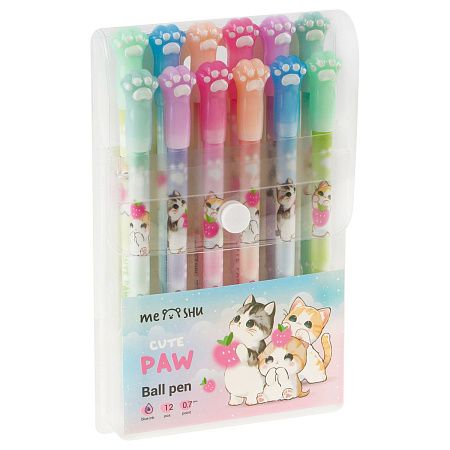 Набор шариковых ручек MESHU "Paw" 12шт., синие, 0,7мм, корпус ассорти, европодвес 