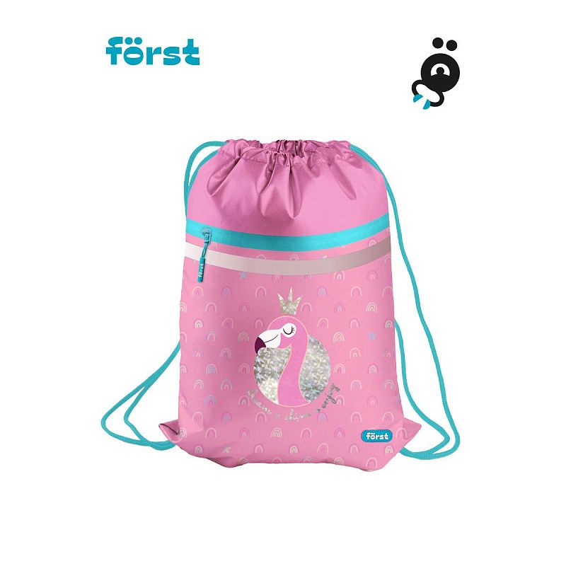 Мешок для обуви 1 отделение Först "Shiny flamingo", 350*460мм, вентиляционная сеточка, светоотражающая лента, карман на молнии 