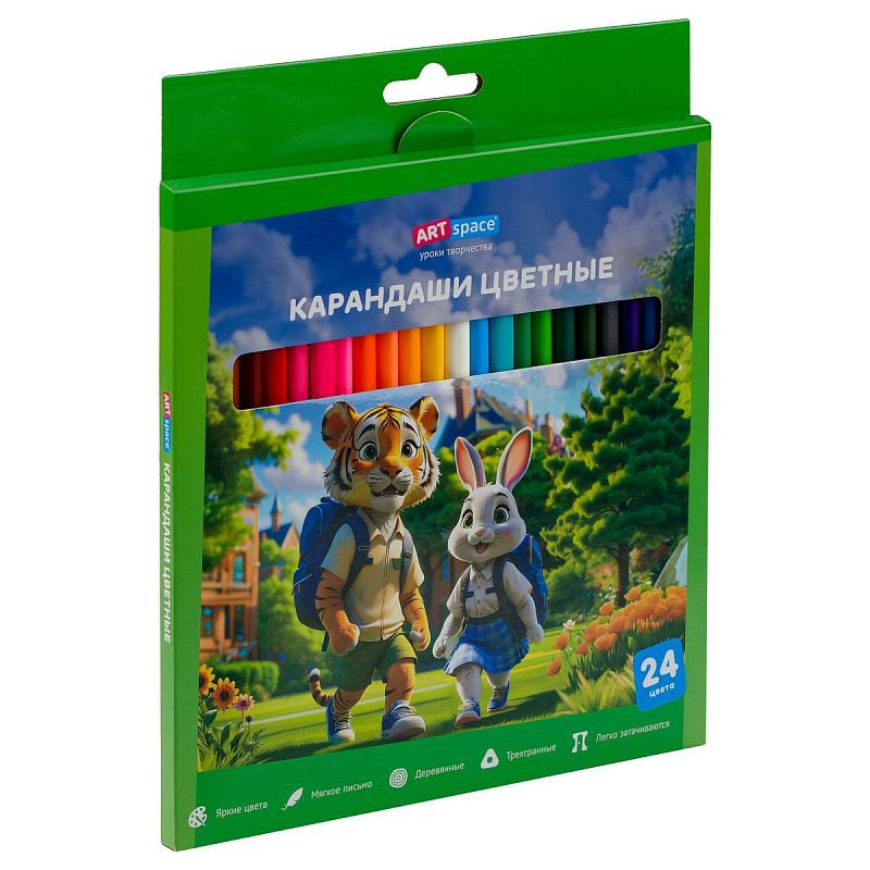 Карандаши цветные ArtSpace "School mood", 24цв., трехгранные, заточен., картон. упак., европодвес