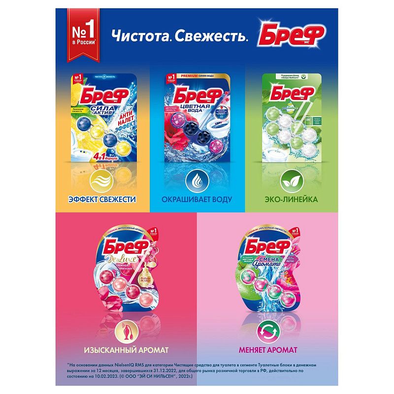 Подвесной блок для унитаза Бреф "Сила-Актив", океанский бриз, 3*50г, блистер 