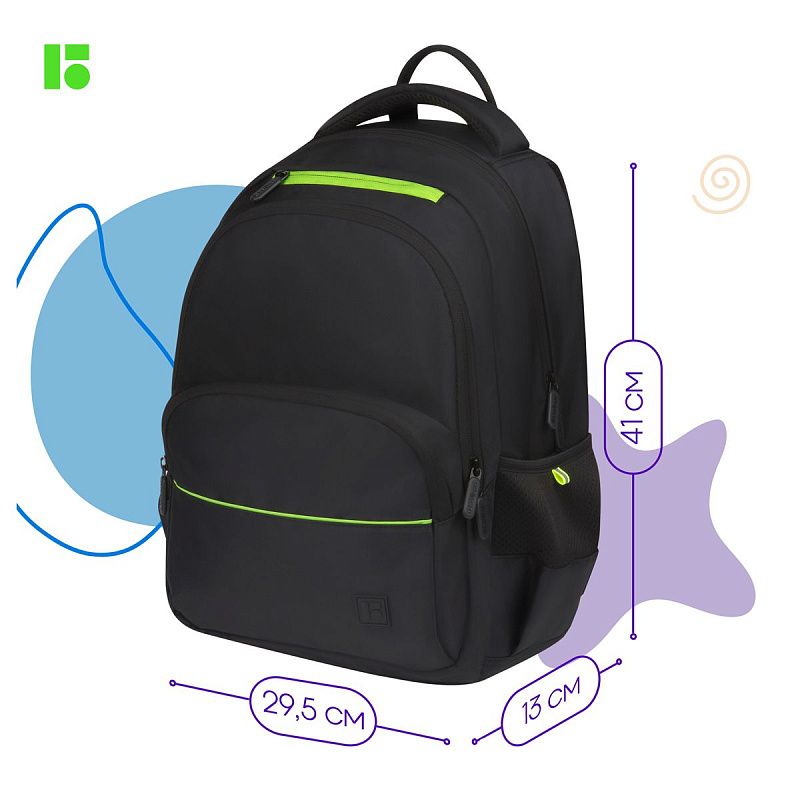 Рюкзак Berlingo U3 "Black-green" 41*29,5*13см, 2 отделения, 4 кармана, эргономичная спинка 