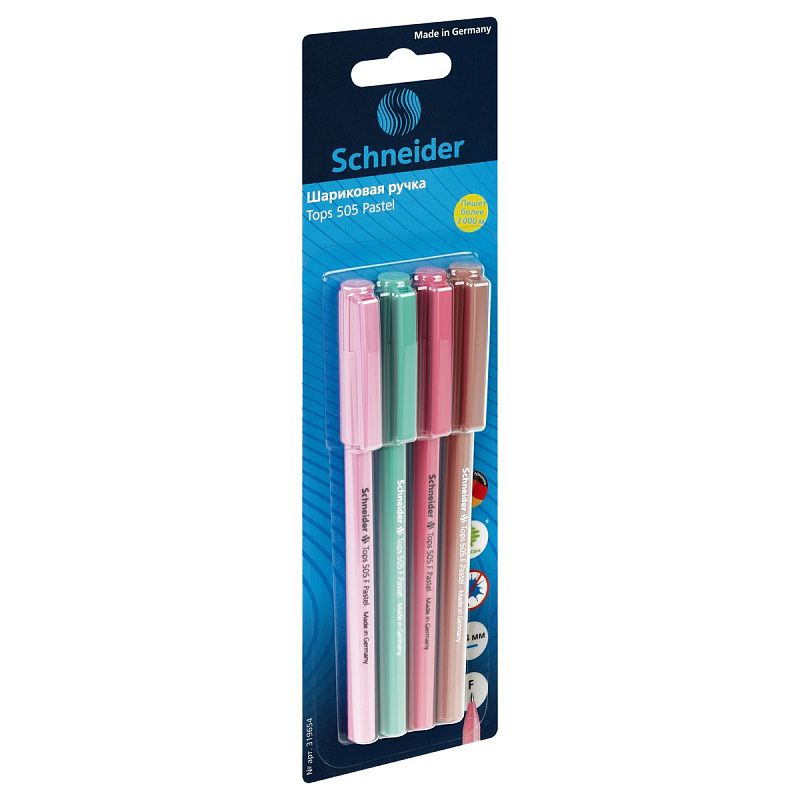 Набор шариковых ручек Schneider Tops 505 F Pastel 4шт., синие, 0,8мм, корпус ассорти, блистер 