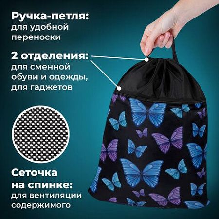 Мешок для обуви BRAUBERG БОЛЬШОЙ, с ручкой, карман на молнии, сетка, 49х41 см, "Fly aways", 272402 