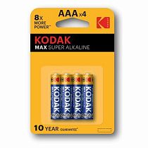 Батарейки алкалиновые "мизинчиковые" КОМПЛЕКТ 4 шт., KODAK Max Super Alkaline, ААА (LR03,15А), блистер, Б0005124