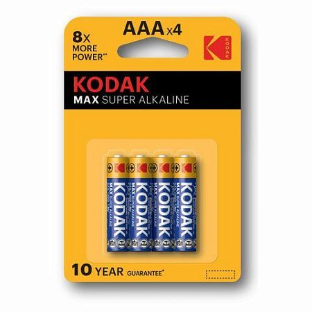 Батарейки алкалиновые "мизинчиковые" КОМПЛЕКТ 4 шт., KODAK Max Super Alkaline, ААА (LR03,15А), блистер, Б0005124