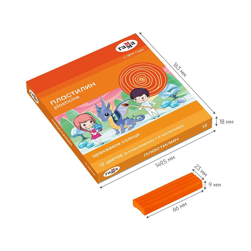 Пластилин Гамма "Оранжевое солнце", 12 цветов (6 классич., 6 пастельных), 168г, со стеком, картон. упаковка