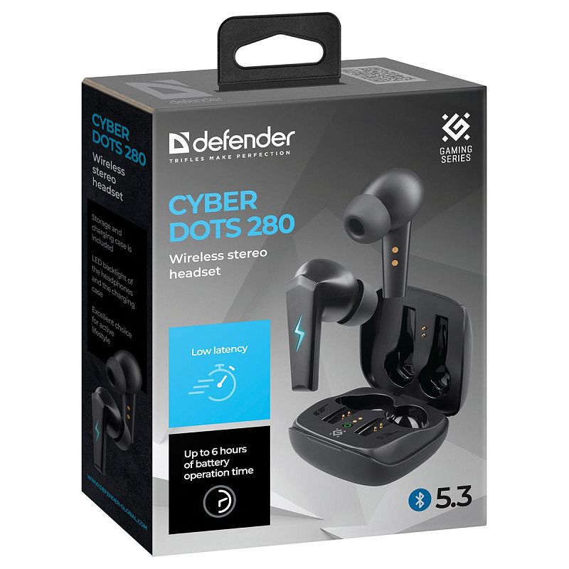 Наушники с микрофоном беспроводные Defender CyberDots 280, Bluetooth, разъем Type-C, черный