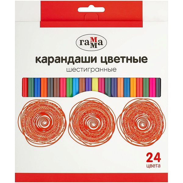 Карандаши цветные Гамма, 24цв., шестигранные, заточен., картон. упаковка, европодвес