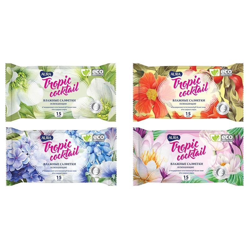 Салфетки влажные Aura "Tropic coctail", 15шт., освежающие, ассорти 