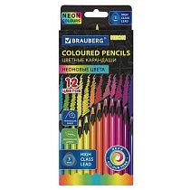 Карандаши цветные BRAUBERG NEON, 12 неоновых цветов, черное дерево, трёхгранные, 181852