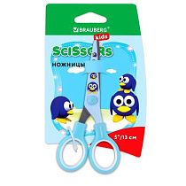 Ножницы BRAUBERG "Kid Series", 130 мм, голубые, с цветной печатью "Пингвины", закругленные, 232271