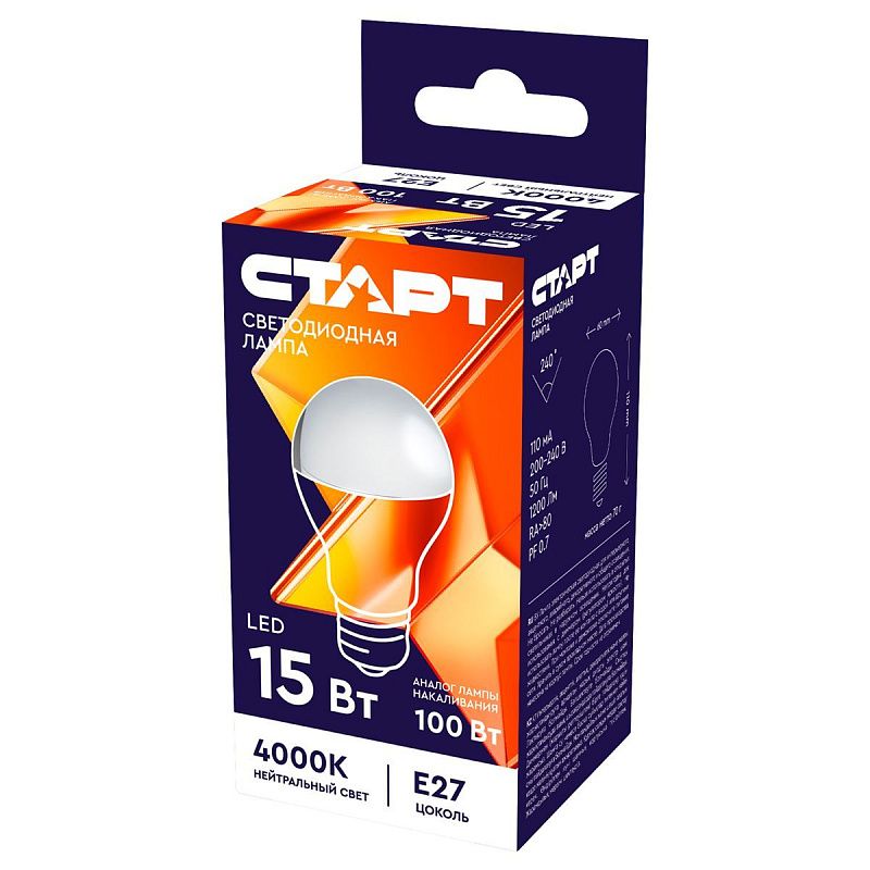 Лампа светодиодная Старт LED, серия "WS" 15W40, тип А "груша", E27, 4000К, нейтральный свет, 25000ч