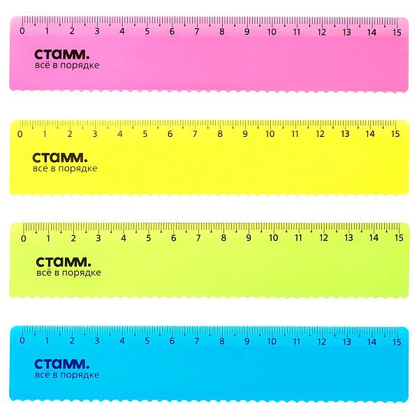 Линейка 15см СТАММ, пластиковая, с волнистым краем, прозрачная, неоновые цвета, ассорти, европодвес