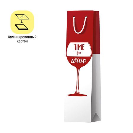 Пакет подарочный 12*36*8,5см ArtSpace "Time for wine. Red", матовое ламинирование, выб. лак, под бутылку