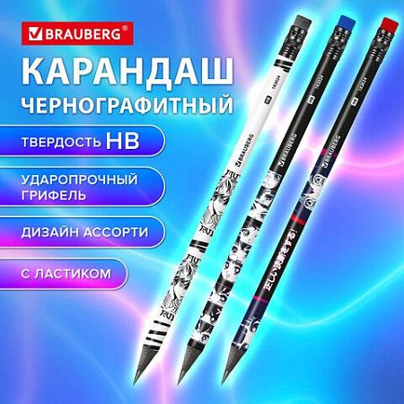 Карандаш чернографитный с принтом BRAUBERG "MANGA", 1 шт, HB,с ластиком, корпус ассорти, 182024 
